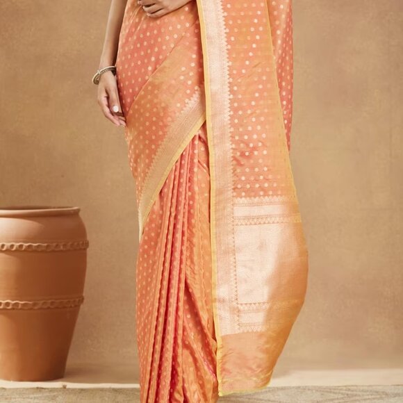 Fabindia - Orange Viscose Blend Banarsi Sari - Picture 5 of 7